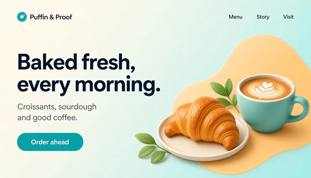 Illustrated preview of the Puffin & Proof Bakehouse website template